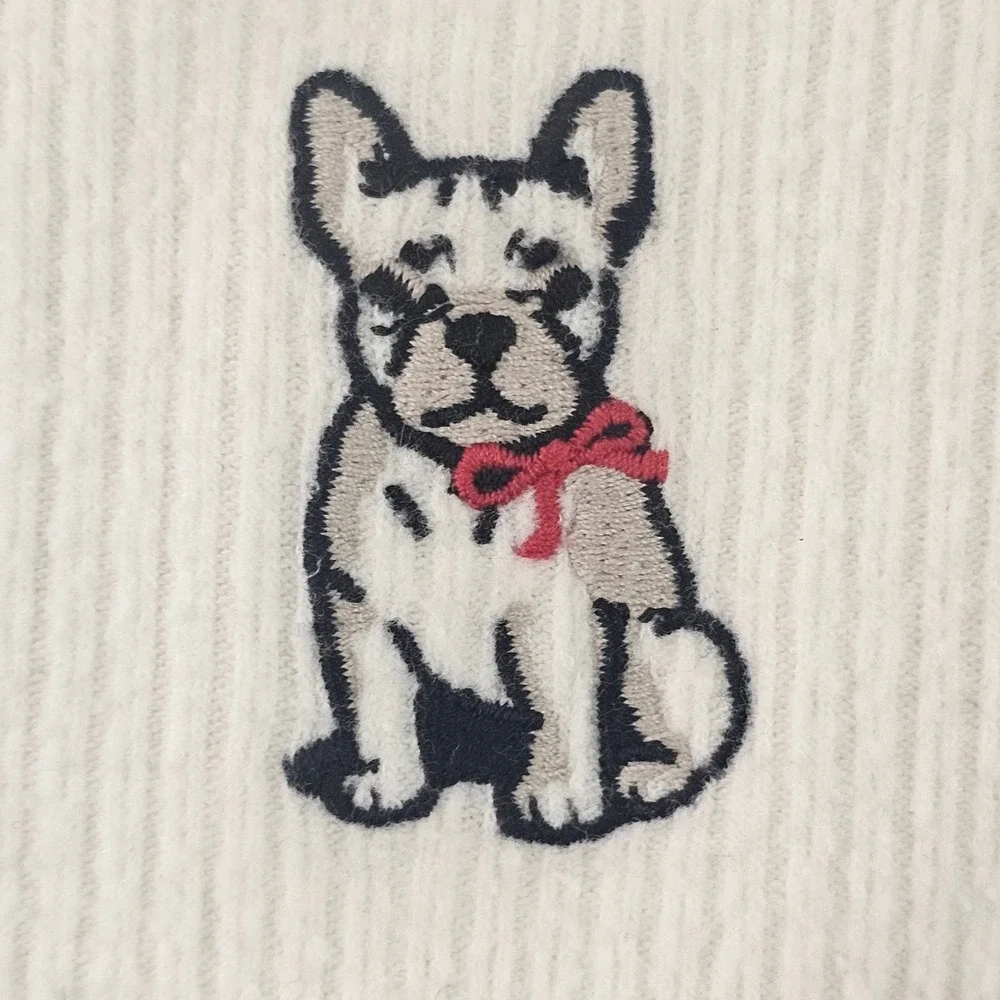 Old‎ Navy Girls Cozeplush Ribbed Top Cream French Bulldog Embroidered Size M 8